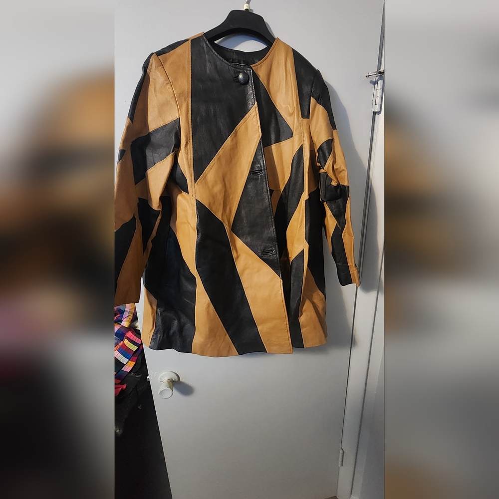 Geometric Black and Tan Leather Jacket